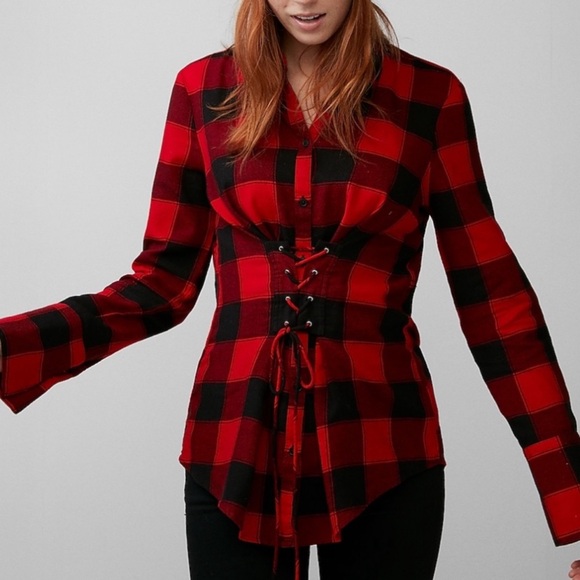 Express Red and Black Plaid Button Down Shirt - Picture 4 of 4